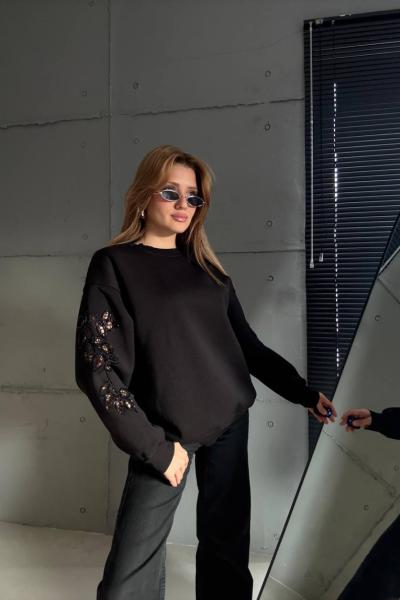 ŞARDONLU KOL NAKIŞ DETAY SWEAT  Siyah