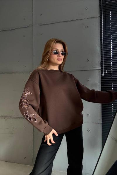 ŞARDONLU KOL NAKIŞ DETAY SWEAT  Acı Kahve