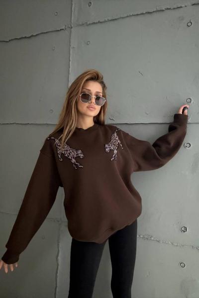 ŞARDONLU İKİ TARAFI KAPLAN BASKI SWEAT Acı Kahve