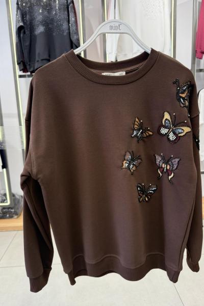 ŞARDONLU OMUZ VE KOL KELEBEK DETAYLI SWEAT  Acı Kahve