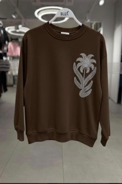 ŞARDONLU GÖĞÜS ÇİÇEKLİ SWEAT Acı Kahve