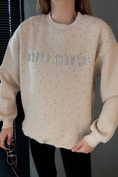 ŞARDONLU MI MI YAZILI TAŞLI SWEAT Bej