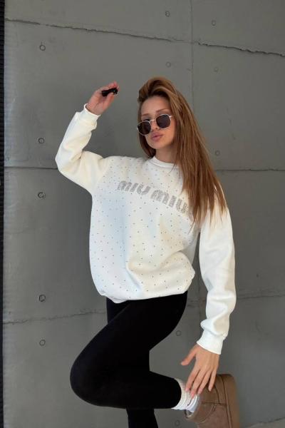 ŞARDONLU MI MI YAZILI TAŞLI SWEAT Beyaz