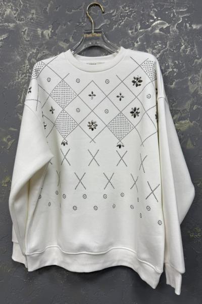 ŞARDONLU BAKLAVA ÇİÇEK SWEAT Beyaz