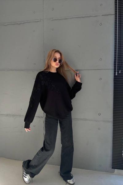 SARMAŞIK ÇİÇEK DETAY SWEAT Siyah