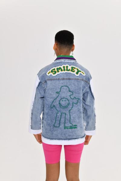 SIRT SMILEY YAZILI TASARIM KOT CEKET  Mavi