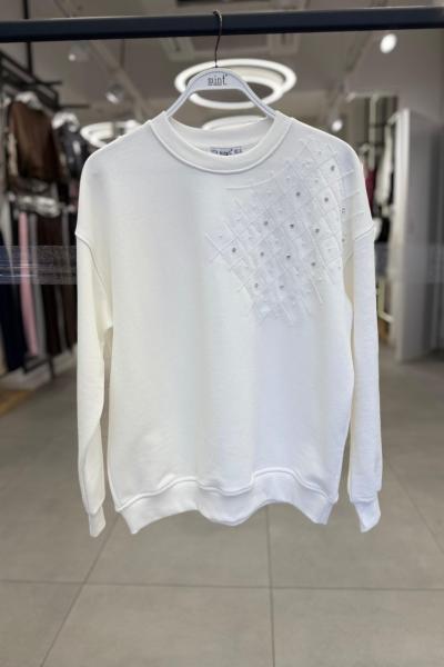 SOL OMUZ TARAF TAŞLI ŞARDONSUZ SWEAT 65 CM  Beyaz