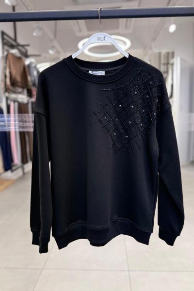 SOL OMUZ TARAF TAŞLI ŞARDONSUZ SWEAT 65 CM  Siyah