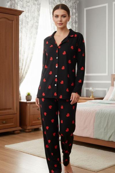 SÜET KUMAŞ KALPLİ PİJAMA TAKIMI Siyah