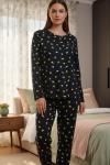 SÜET KUMAŞ YUVARLAK YAKA LİMON DESEN PİJAMA TAKIMI  Siyah