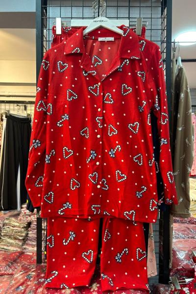 SÜET KUMAŞ KALPLİ PİJAMA TAKIMI Kırmızı
