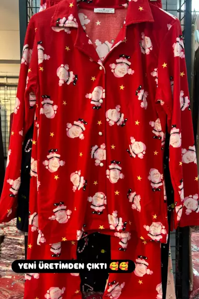 SÜET KUMAŞ NOEL BASKILI PİJAMA TAKIMI Kırmızı