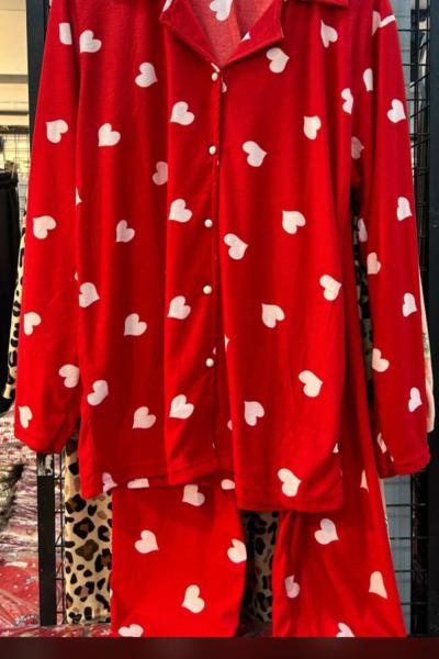 SÜET KUMAŞ KALPLİ PİJAMA TAKIMI Kırmızı