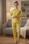 SÜET KUMAŞ YUVARLAK YAKA LİMON DESEN PİJAMA TAKIMI  Sarı