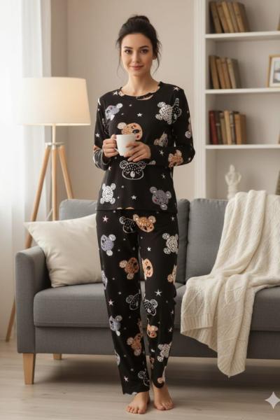 SÜET KUMAŞ KUALA BASKILI PİJAMA TAKIMI  Siyah