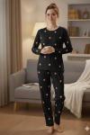 SÜET KUMAŞ KALPLİ ŞEKERLİ PİJAMA TAKIMI  Siyah