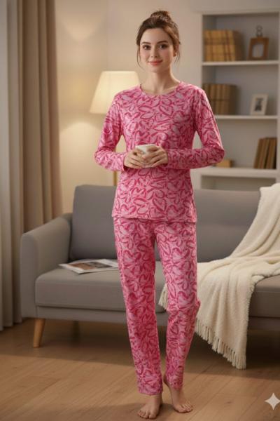 SÜET KUMAŞ KALP BASKILI PİJAMA TAKIMI  Bej