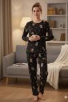 SÜET KUMAŞ AYI ÇİLEKLİ PİJAMA TAKIMI  Siyah