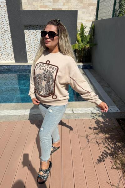 TOGETHER YAZILI LEOPAR DETAY SWEAT Bej
