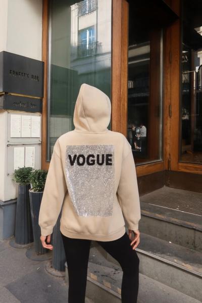 VOGUE YAZILI KAPŞONLU SWEAT  Bej