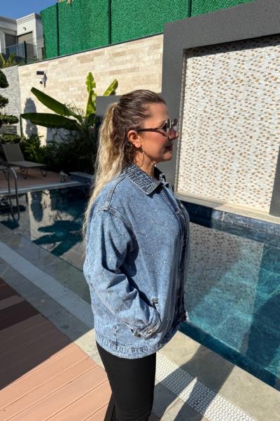 BAKLAVA DİLİM TAŞ DETAYLI KOT CEKET Mavi