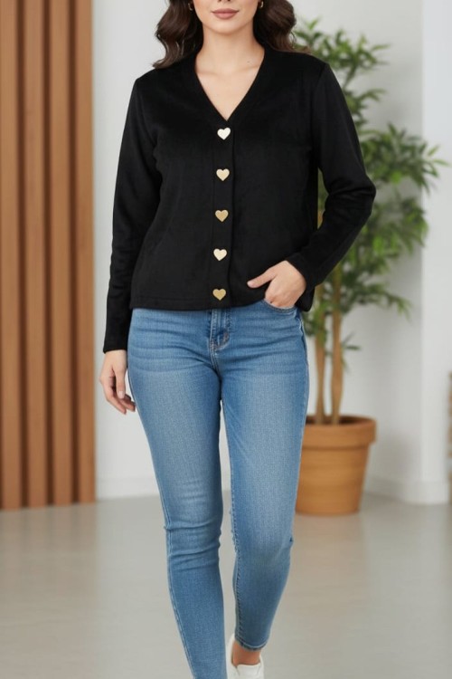 KALPLİ DÜĞMELİ PELUŞ HIRKA Siyah