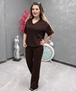 V YAKA MODAL KUMAŞ İKİLİ TAKIM  Acı Kahve