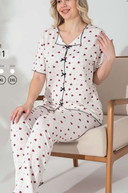 KÜÇÜK KALPLİ PİJAMA TAKIMI  Beyaz