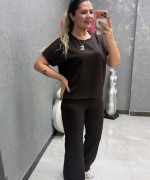 YUVARLAK YAKA MODAL KUMAŞ İKİLİ TAKIM  Acı Kahve