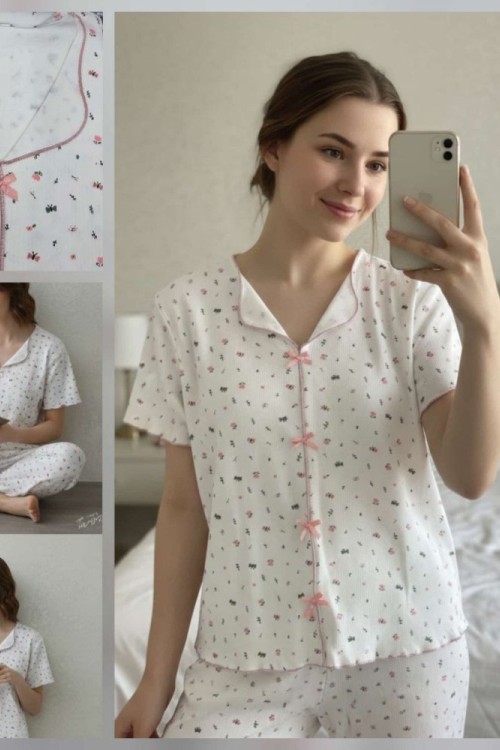 BEYAZ PEMBE FİYONK PİJAMA TAKIMI  Beyaz