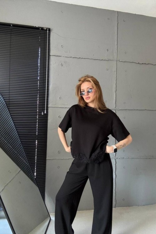 PAÇA DANTEL İŞLEMELİ İKİLİ TAKIM  Siyah