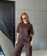 PAÇA DANTEL İŞLEMELİ İKİLİ TAKIM  Acı Kahve