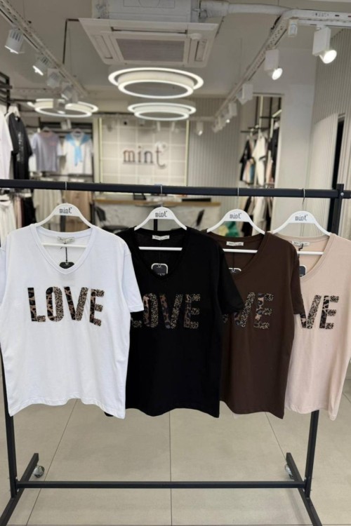  V YAKA LOVE YAZILI TİŞÖRT  Acı Kahve