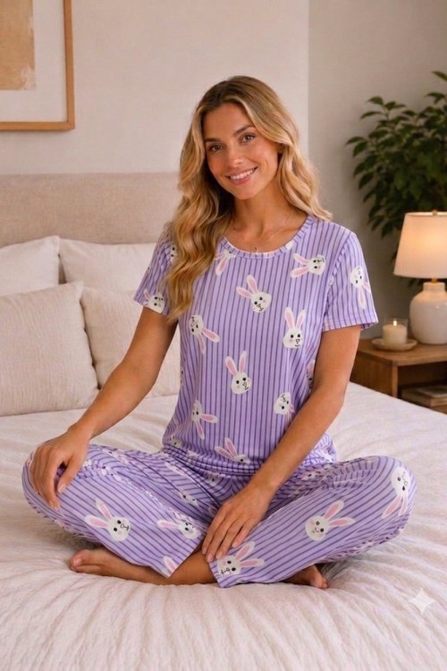 YUVARLAK YAKA TAVŞAN ÇİZGİLİ PİJAMA TAKIMI  Mor