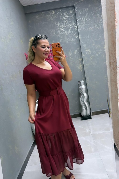 ALT ŞİFON DETAY ELBİSE  Bordo