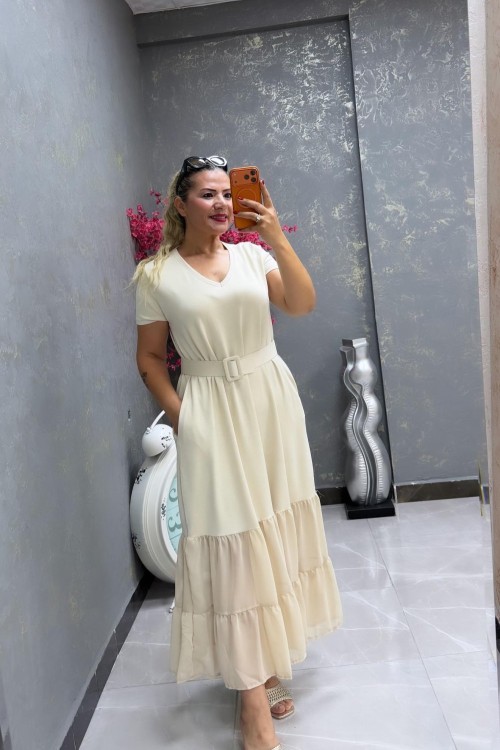 ALT ŞİFON DETAY ELBİSE  Bej
