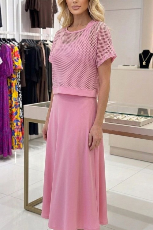 FİLE BLUZ DETAY İKİLİ ELBİSE  Pembe