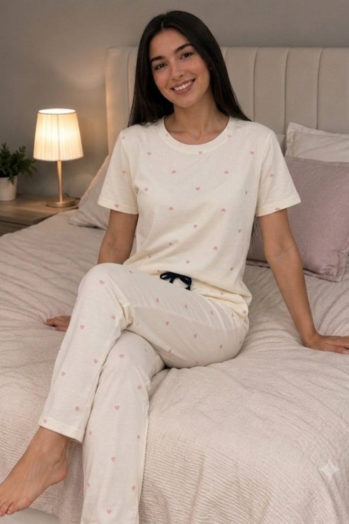 Bisiklet yaka minik kalpli pijama takımı Pembe