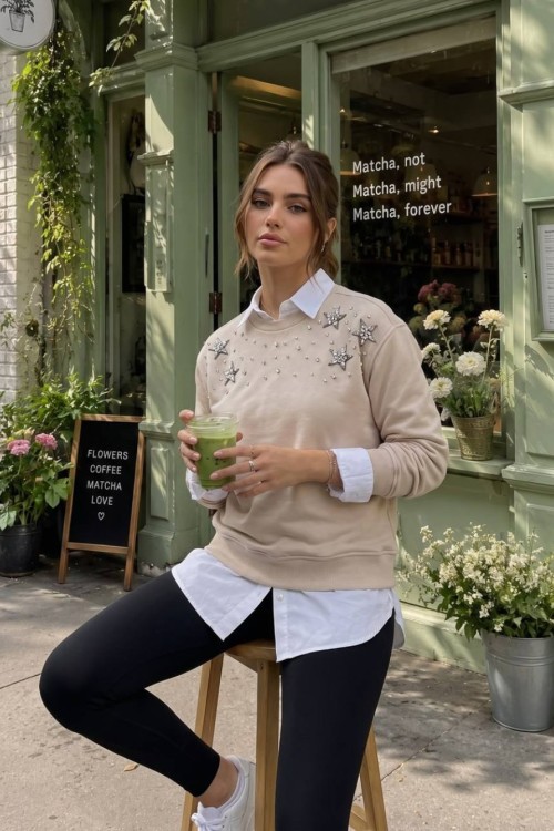 YILDIZ DETAYLI SWEATSHİRT  Bej