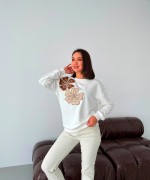 İKİ BÜYÜK PAPATYALI SWEATSHİRT  Beyaz