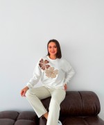 İKİ BÜYÜK PAPATYALI SWEATSHİRT  Beyaz
