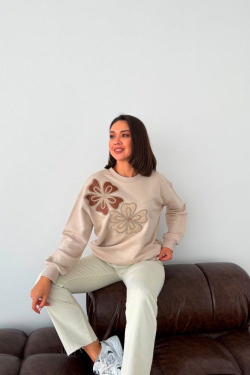 İKİ BÜYÜK PAPATYALI SWEATSHİRT  Bej