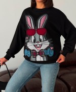 KIRMIZI GÖZLÜKLÜ TAVŞANLI SWEATSHİRT  Siyah