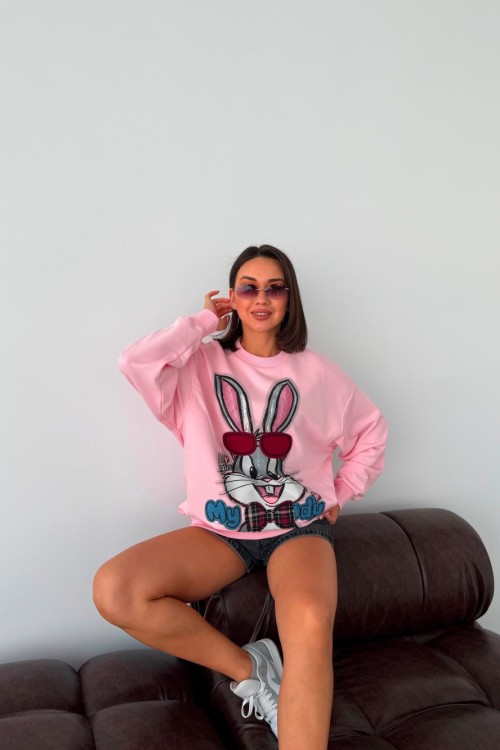 KIRMIZI GÖZLÜKLÜ TAVŞANLI SWEATSHİRT  Pembe
