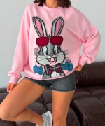 KIRMIZI GÖZLÜKLÜ TAVŞANLI SWEATSHİRT  Pembe