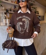 İKİ KAPLAN BASKILI SWEATSHİRT  Acı Kahve