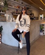 İKİ KAPLAN BASKILI SWEATSHİRT  Bej