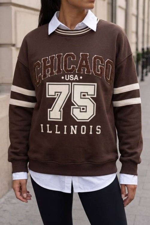 CHICAGO YAZILI SWEATSHİRT  Acı Kahve