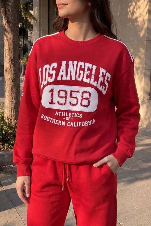 LOS ANGELES 1958 YAZILI SWEATSHİRT  Kırmızı