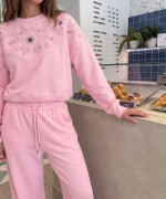 OMUZ ÇİÇEK İŞLEMELİ SWEATSHİRT  Pembe
